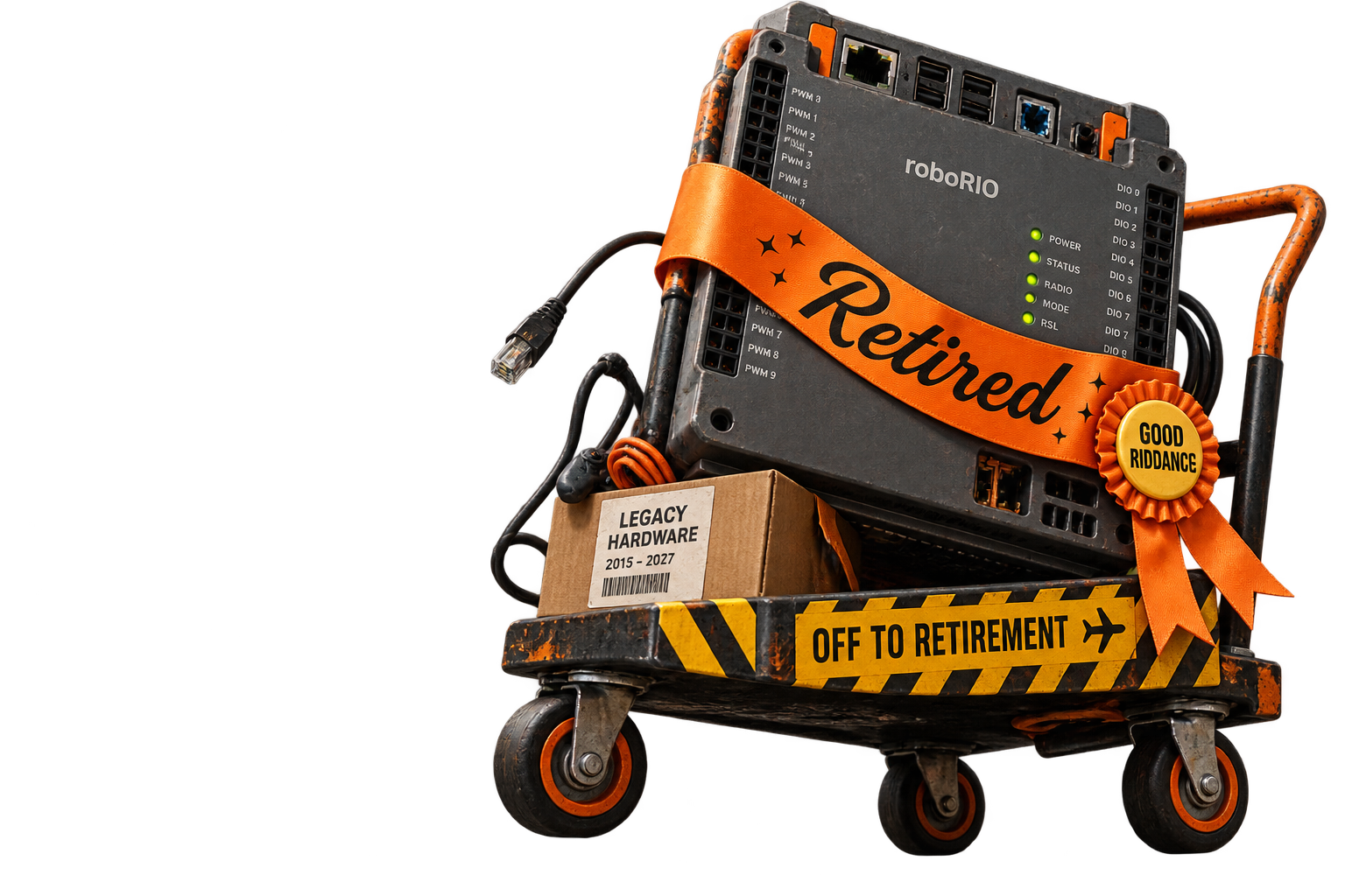 A roboRIO controller being carted away into retirement